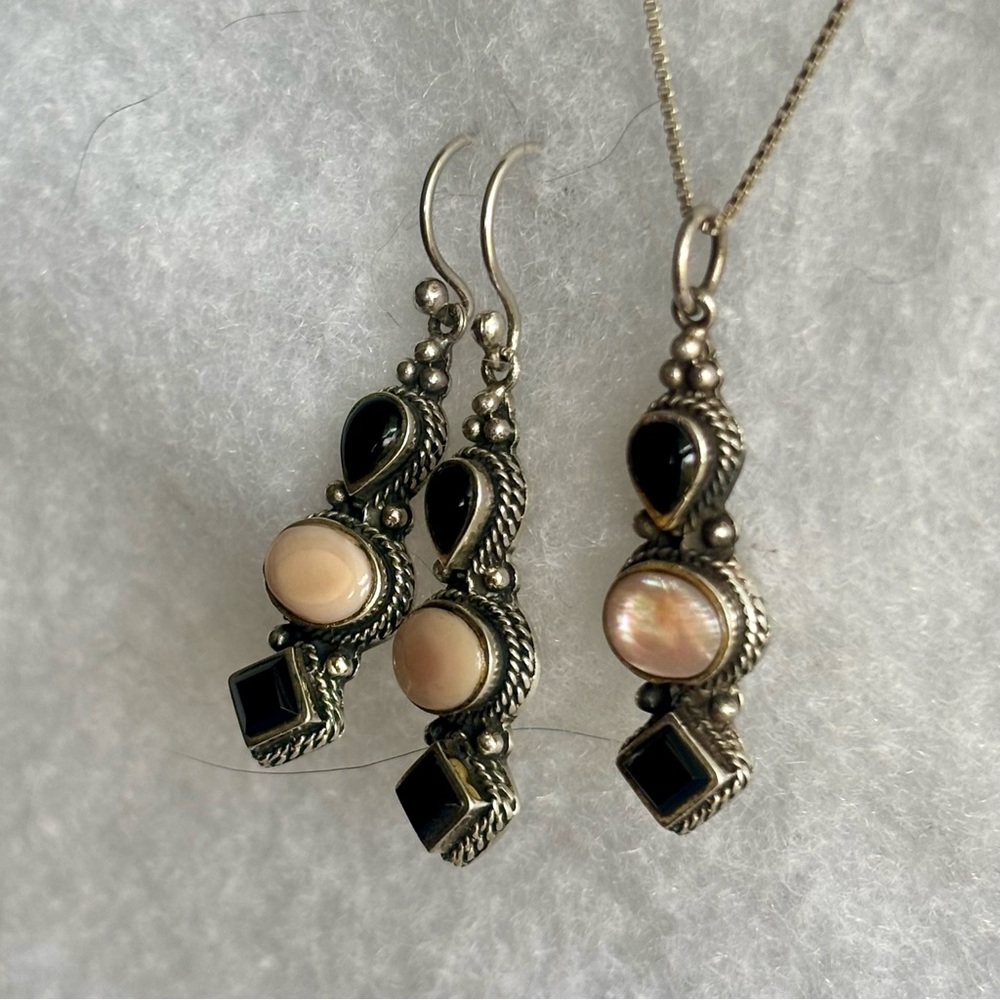 Vintage Sterling Silver 925 Onyx Mother of Pearl Necklace - Picture 15 of 15